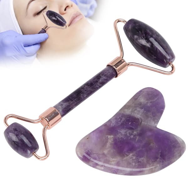 Bärbar Ansiktsroller Massager Hjärtformad Gua Sha Board Set Ametistroller