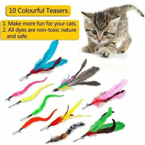 12 STK Cat Feather Legetøj, Stick Toy Cat Fiskestang med 2 STK Interaktiv tilbagetrækkelig stang, 10 STK Erstatningsfjer med
