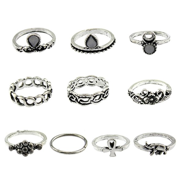 10 stk/sæt Knuckle Finger Ringe Vintage Anti-rust Blomst Hule Damesmykker til camping Silver