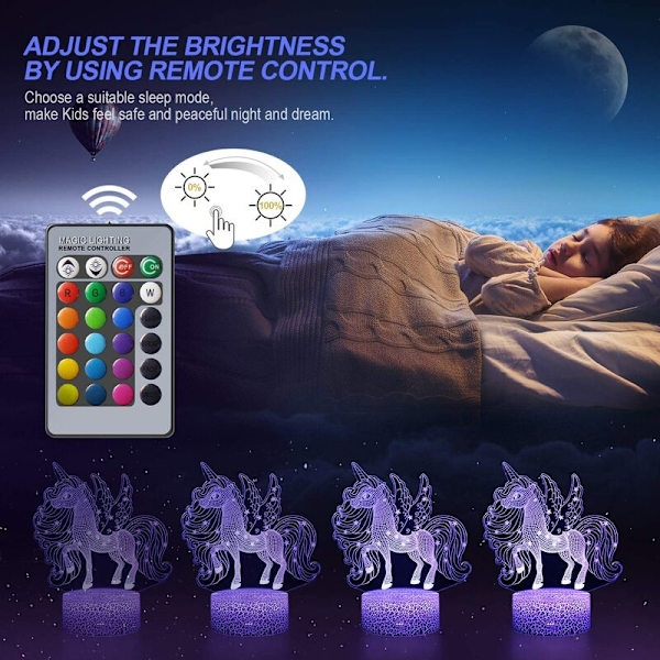 LC-1169 svart bakgrund färgglad touch + 16 färger fjärrkontroll unicorn serie 3D nattljus touch fjärrkontroll co