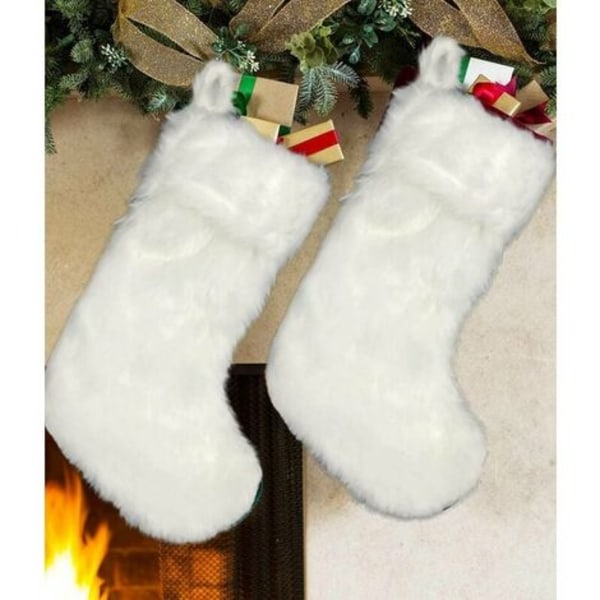 Pakke 18 tommer snehvid julestrømpe imiteret pels julestrømpe hængende ornamenter Slikgaveposer til juledekoration