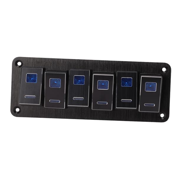 6 Gang Rocker Switch Panel Vandtæt Blå Baggrundsbelyst Aluminium Legering Anodiseret Sort til Bil Lastbil RV Båd DC12V‑24V