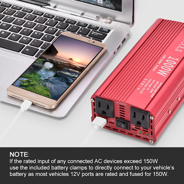 EBTOOLS 1000W 2000W Bilstrømomformer 12V DC til 110V AC med 2 uttak