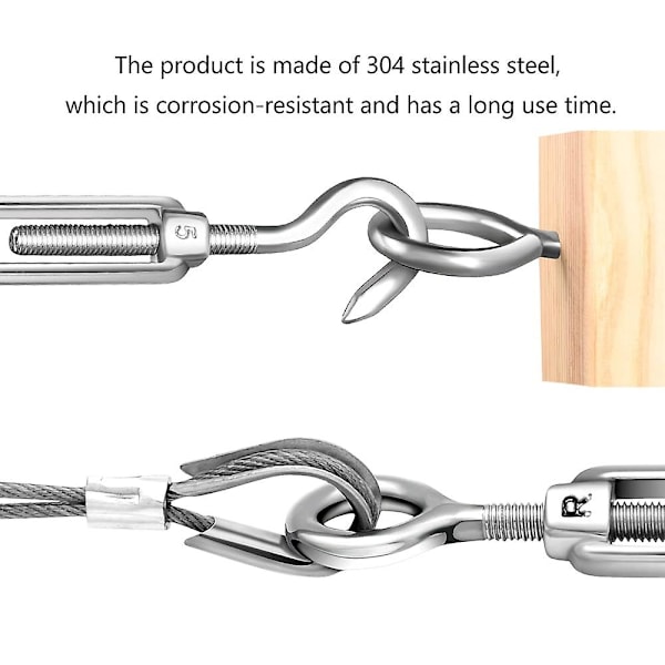 M4 rustfrit stålstrammer, 8 stykker 304 rustfrit stål krog- og øjestrammer, kabelstrammer/stålwirestrammer, Strammere til tøjsnor, C