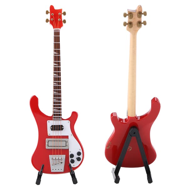 Röd Miniatyr Basgitarr Replika med Ställ och Fodral Instrument Modell Ornament Julklapp