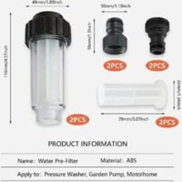 Vannfilter for hageslange, 2 stk 3/4 tommers vannforfilter vannfiltersett med 4 filterelementer og 2 hurtigadaptere for høytrykksspyler, hage