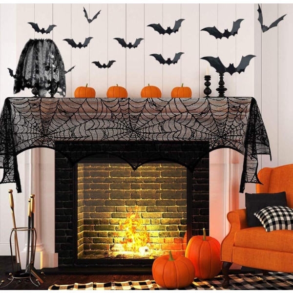 Halloween-sisustus Musta hämähäkinverkko Pitsi Pöytäliina Pöytälippu Verho Ovi Verho Takka Huivi Liesi Pyyhe lampunvarjostin (Viisi pakkaus)