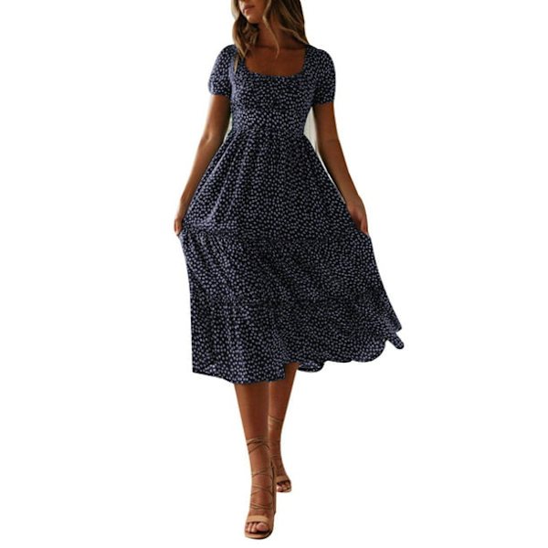 Hot kvinders korte ærmer blomsterprint sommer afslappet mellemlængde swing kjole Nauy Blue XL