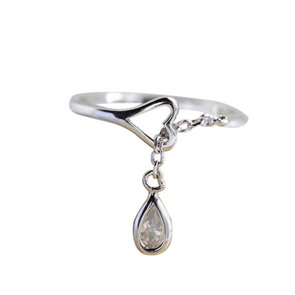 Justerbar kedja Teardrop Cubic Zirconia Cz Hollow Heart öppning Finger Ring