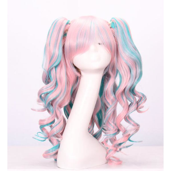Flerfärgad Lolita Lång Lockig Clip On Ponytails Cosplay Peruk