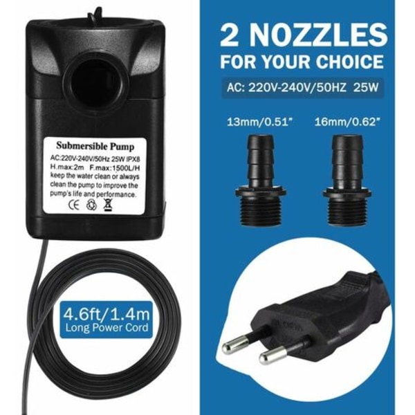1500L/H dränkbar vattenpump, 25W ultratyst akvariepump med 48h torrbränning, fontänpump med 5 fot power a