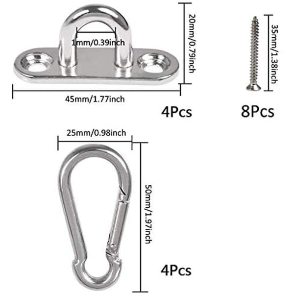 Loftskrog, 50 kg kapacitet rustfrit stål aflange øjenplader til yogagynger Hængekøjer Markisebådtilbehør (16 stk.