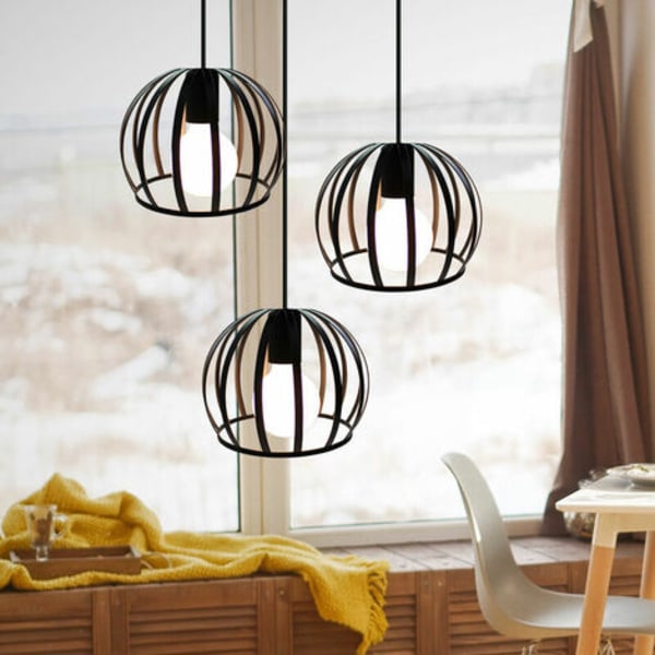 Lysekrone Pendel Metal Cage Loftslampe Creative Rund Industriel E27 til Stue Soveværelse Bar - Sort - Sort