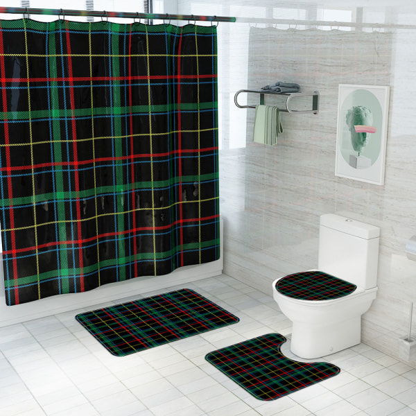 Klassisk plaidprintet bruseforhæng Toiletgulvmåtte Bruseforhæng firedelt sæt, A05,