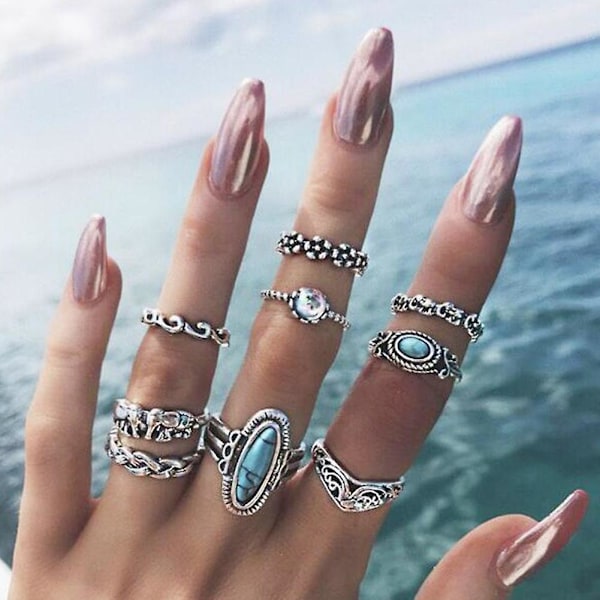 9 stk/sæt Boho Stack Elephant Flower Faux Turkis Midi Finger Knuckle Ringe