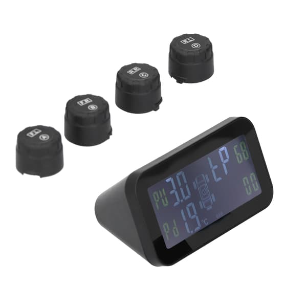 LCD Bil TPMS Dekktrykkovervåkingssystem med sensor, solcellelading, USB-lading