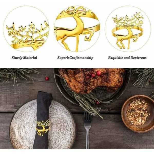 12-pack Christmas Deer Servettringar, Shiny Elk Servetthållare, Chic Rendeer Servettring för jul, Bröllopsdekor, Ho