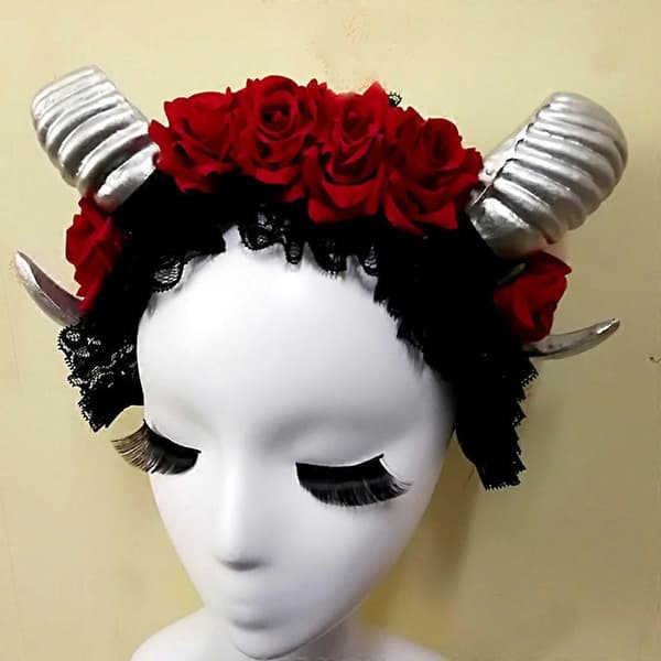 Blomsterslør Pannebånd Cosplay Hodeplagg til Halloween Festbruk Sauehorn Hårbånd Karneval Hodeplagg Festutstyr Angle d’argent +60 maille