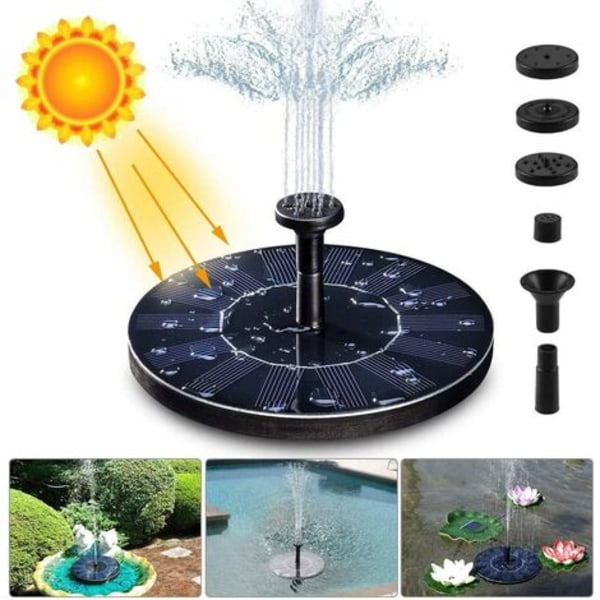 Solar fontänpump, 1,4W 150L/h solvattenpump (max 70cm) + 6 munstycken, minisolpump för dekorativ trädgårdsdamm