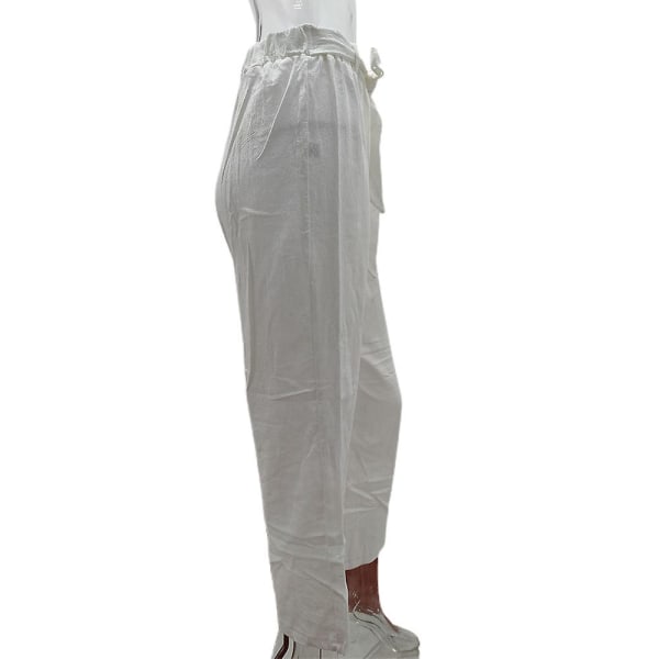 Naisten yksiväriset kiristysnyörillä löysät suoralahkeiset housut White L