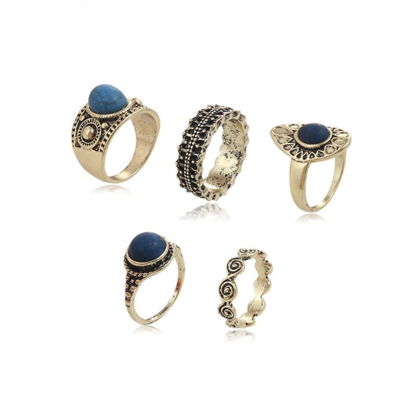 5 st/ set Bohemian Vintage blå stenlegering Fingerring Dam Charmiga smycken Antique Golden