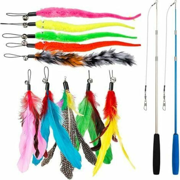 12 STK Cat Feather Legetøj, Stick Toy Cat Fiskestang med 2 STK Interaktiv tilbagetrækkelig stang, 10 STK Erstatningsfjer med
