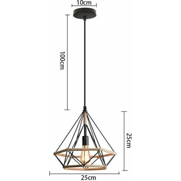 Industriel pendellampe med hampereb, Vinatge loftslysekrone Metal diamantbur skærm Ø25cm, E27 loft