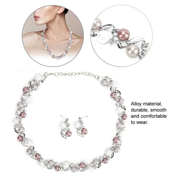 Faux Perle Halskæde Øreringe Sæt Sølv Hvid Rhinestone Bryllupssmykker