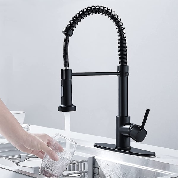 Køkkenarmatur med Pull Down Spray, Solid Messing Sort Fjederbelastet Kommerciel Køkkenvask Armatur med 10" Montering De