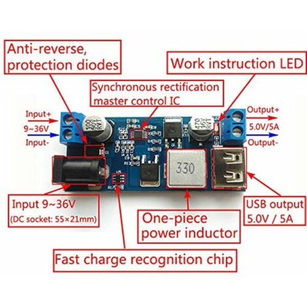 24V/12V till 5V 5A Power Buck Module DC-DC Rocker Power Set med LED