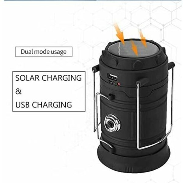 Solar/ USB uppladdningsbar LED-lykta, kraftfull campinglampa, bärbar trädgårdslykta med 2 lägen, hängande belysning med 360° ficklampa