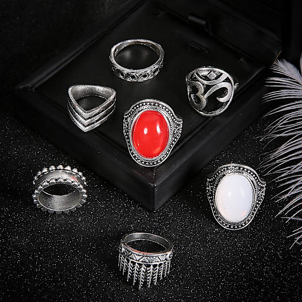 7 stk/sæt Boho Kvinder Oval Yoga Om Knuckle Midi Stacking Ring Retro Smykkegave