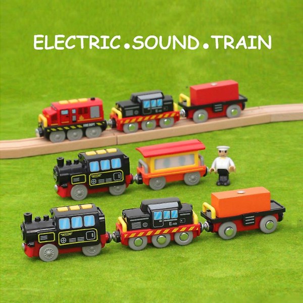 Retro tågleksaksljud, lätt elektrisk set Pedagogiska leksakståg för barn Trärälsvagn kompatibel med träspår