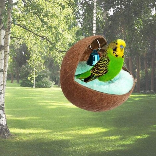 Papukaijan lintupesä, kookoslintutalo, riippuva lintu, matolla ja kellolla, häkkiin, lelut, papukaija, hamsteri, kodin sisustus (Mat Ran)