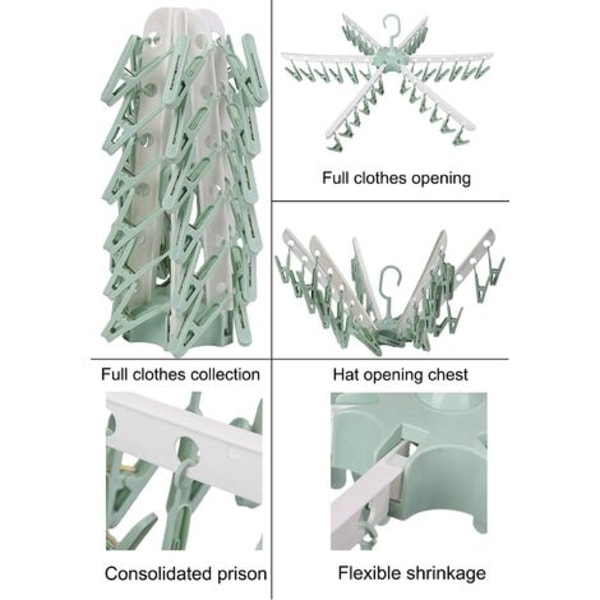 Sammenfoldelig tøjstativ, tøjklemme, strømpetørrestativ, 36-clips tøjklemmer Plast tøjbøjler til undertøj Sokker Handsker，