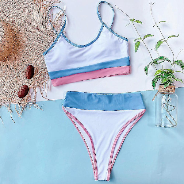 kvinnor Baddräkt High Waist Bikini Set Patchwork Sommar Beachwear Badkläder White and Blue M