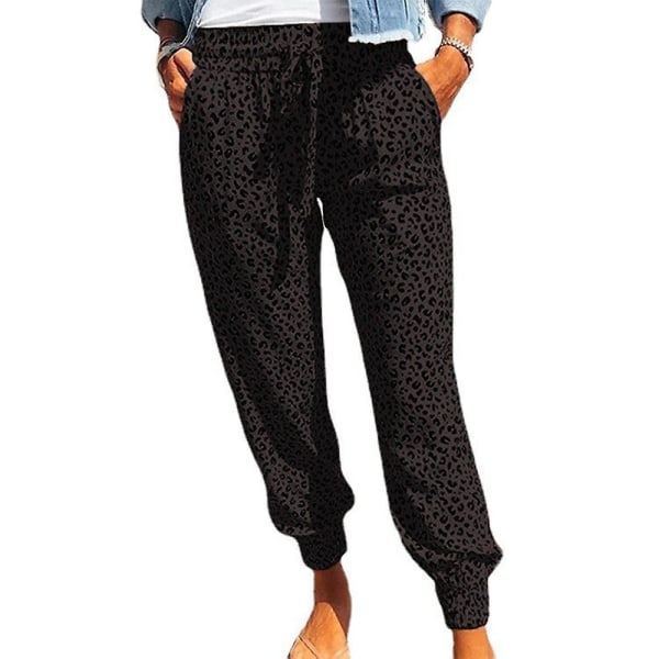 Stretch-träningsbyxor i leopard med dragsko för kvinnor Black 3XL
