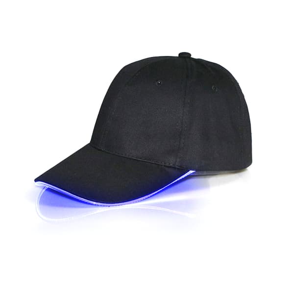 LED-valolla varustettu baseball-lippis, valokuitu, musta, sininen, mainoshattu