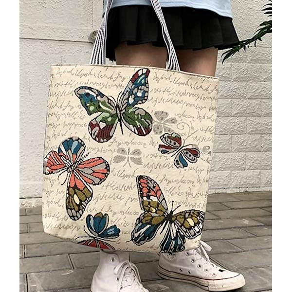 Canvas-kangaskassi naisille, uudelleenkäytettävä ruokaostoskassi Kannettava olkalaukku koululaukku A916-411 Butterfly