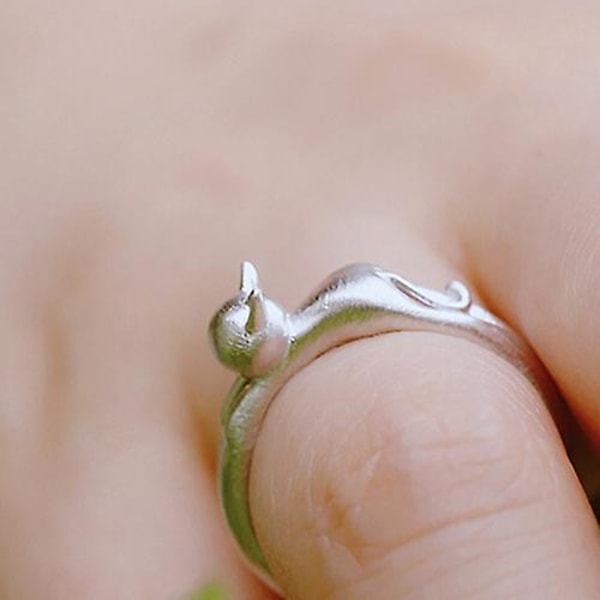 Dammode Söt katt Silverpläterad Justerbar Open Finger Ring Julpresent