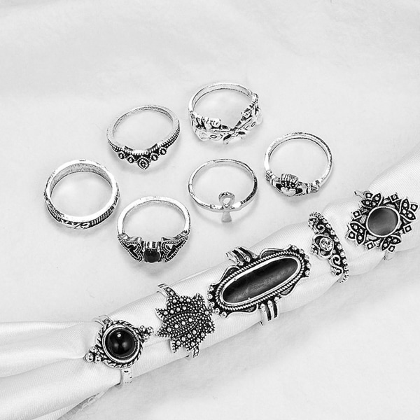 11 kpl / set Sydän Pinottavat rystyssormukset metalliseos Bohemia Black Faux Gem Sormukset Korutarvike