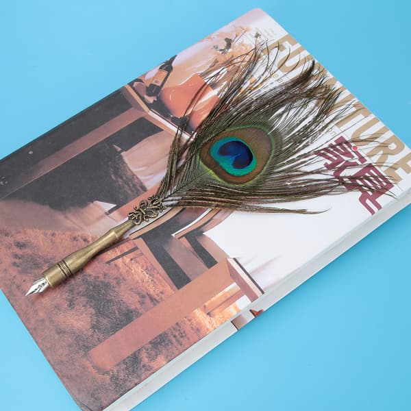 Peacock Feather Quill Pen Set - Kalligrafi skrivbläck med brevpapper Presentförpackning (inkluderar 5 spetsar)