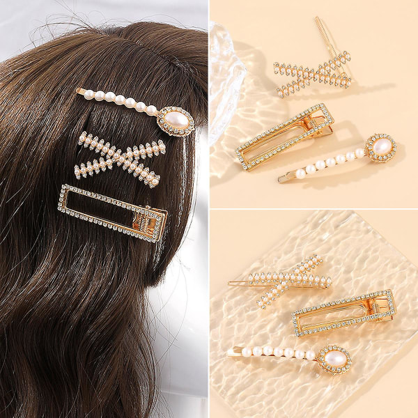 Pakke med 3 kunstige perle- og rhinsten-hårklemmer Old-school Flat Bangs Pin
