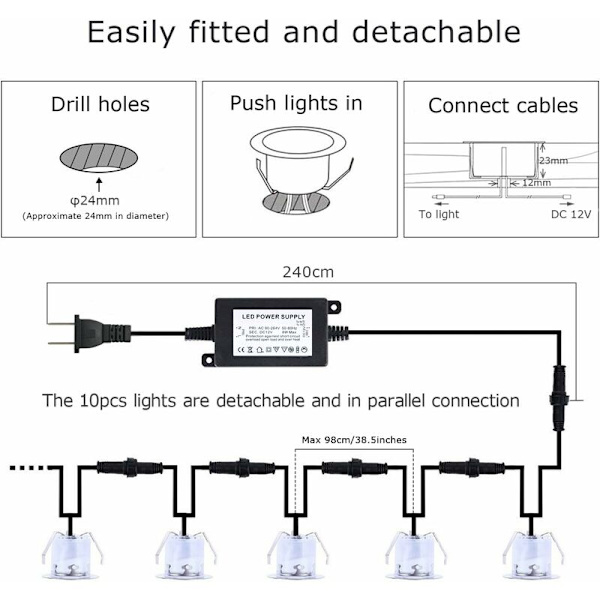 12V/IP67 vandtæt LED gulvlampe, forsænket gulvlampe, varm hvid, 3200K, 10 STK