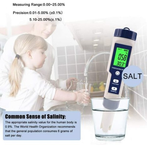 Elektronisk PH Meter Tester, 5 i 1 PH Tester Ficktermometer Vattenkvalitet PH EC Salt TDS för hem, pool, akvarium Wa