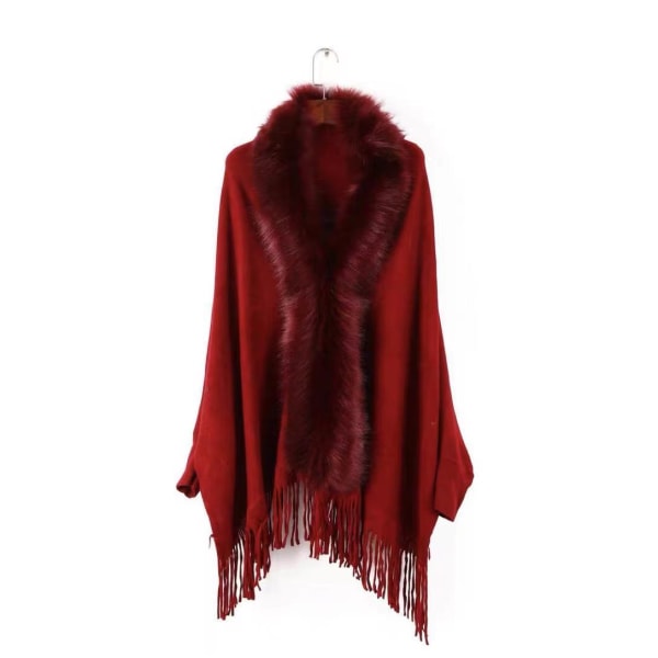 Plus size tofsstickad pälskrage sjalponcho för kvinnor wine red