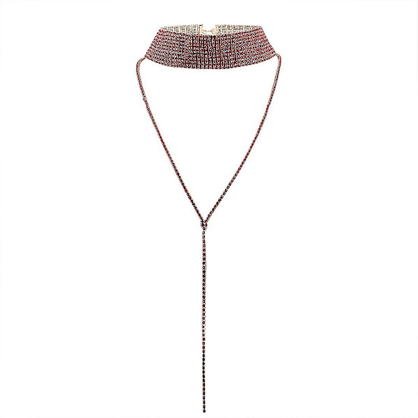 Multi-rækker Rhinestone Choker Halskæde Rund Hals Lang Pull Justerbar Vedhæng Halskæde Smykker Til Kvinder-rød