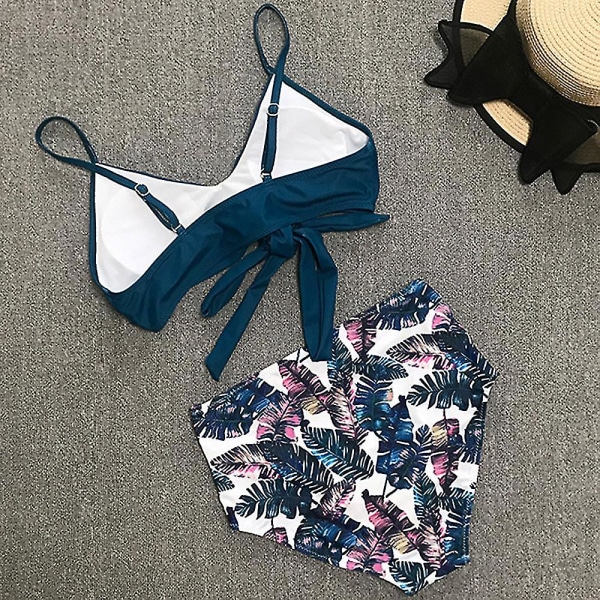 kvinder Floral High Waist Bikini Sæt Badedragt Sommer Sexet Badetøj Strandtøj Blue L