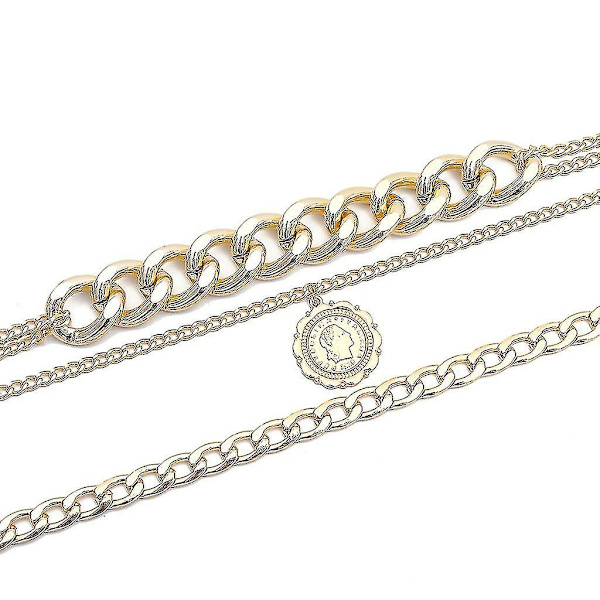 Chunky Gold Halsband Lås Hänglås Medaljon Hänge Coin Curb Chain Layering Silver