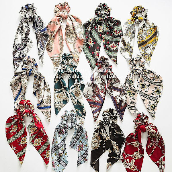 Mode Blommig Printed Scrunchie Elastiskt Hårband För Kvinnor Hår Scarf Rosett Gummirep khaki